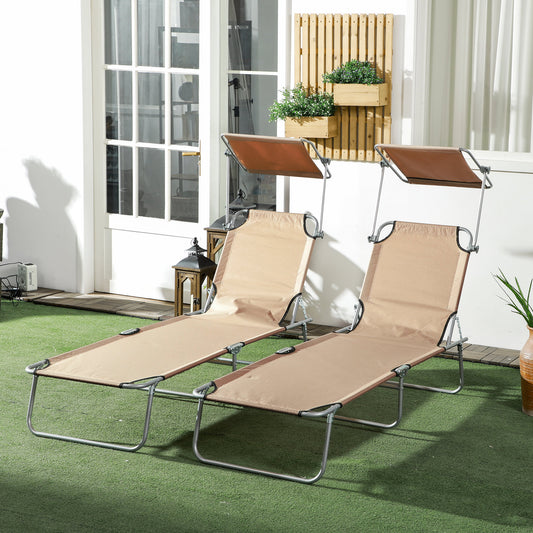 Outsunny Folding Sun Lounger Set of 2 with Canopy, Reclining Sunbed with 4-Position Adjustable Backrest, 600D Oxford Cloth, Portable Garden Lounger Recliner Chair for Beach, Camping, Patio, Sand
