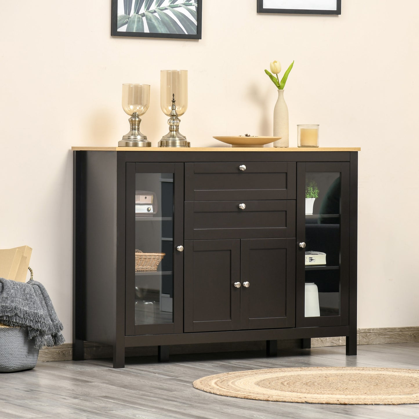 HOMCOM Modern Storage Cabinet, Sideboard with Oak Top, 4 Doors, 2 Drawers and 5 Adjustable Shelves, Black Brown