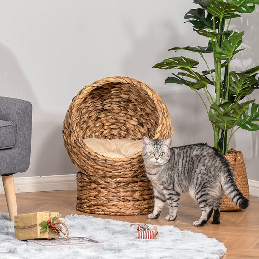 PawHut Wicker Cat Bed, Raised Rattan Cat Basket with Cylindrical Base, Soft Washable Cushion, 50 x 42 x 60 cm - Brown--ChewyGames-ChewyGames