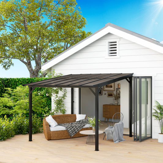 Outsunny 3 x 3 m Lean to Pergola with UPF 50+ Waterproof Polycarbonate Roof, Wall-Mounted or Free Standing Hardtop Roof Garden Metal Pergola Gazebo, Heavy Duty Outdoor Sun Shade, Dark Grey