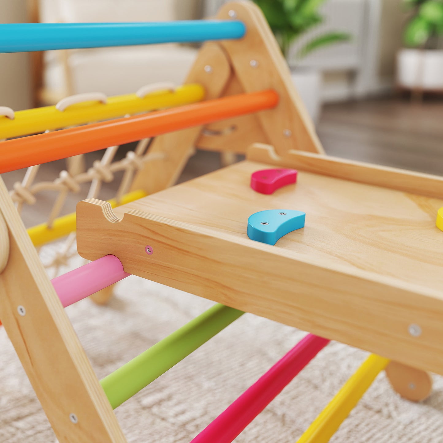 AIYAPLAY 8-in-1 Toddler Climbing Frame, Indoor Play Triangle Set with Slide, Arch and Triangle Ladder, Multicolour