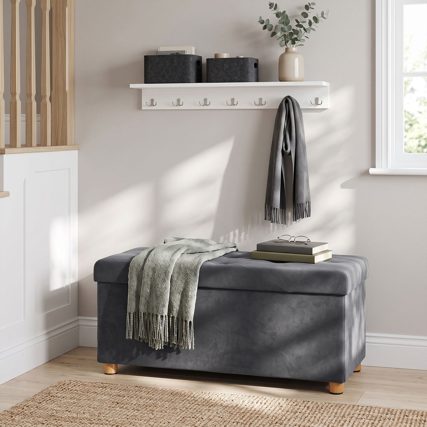 HOMCOM Velvet Upholstered Foldable Ottoman Footrest, Storage Ottoman Bench with Wood Legs for Living Room, Grey