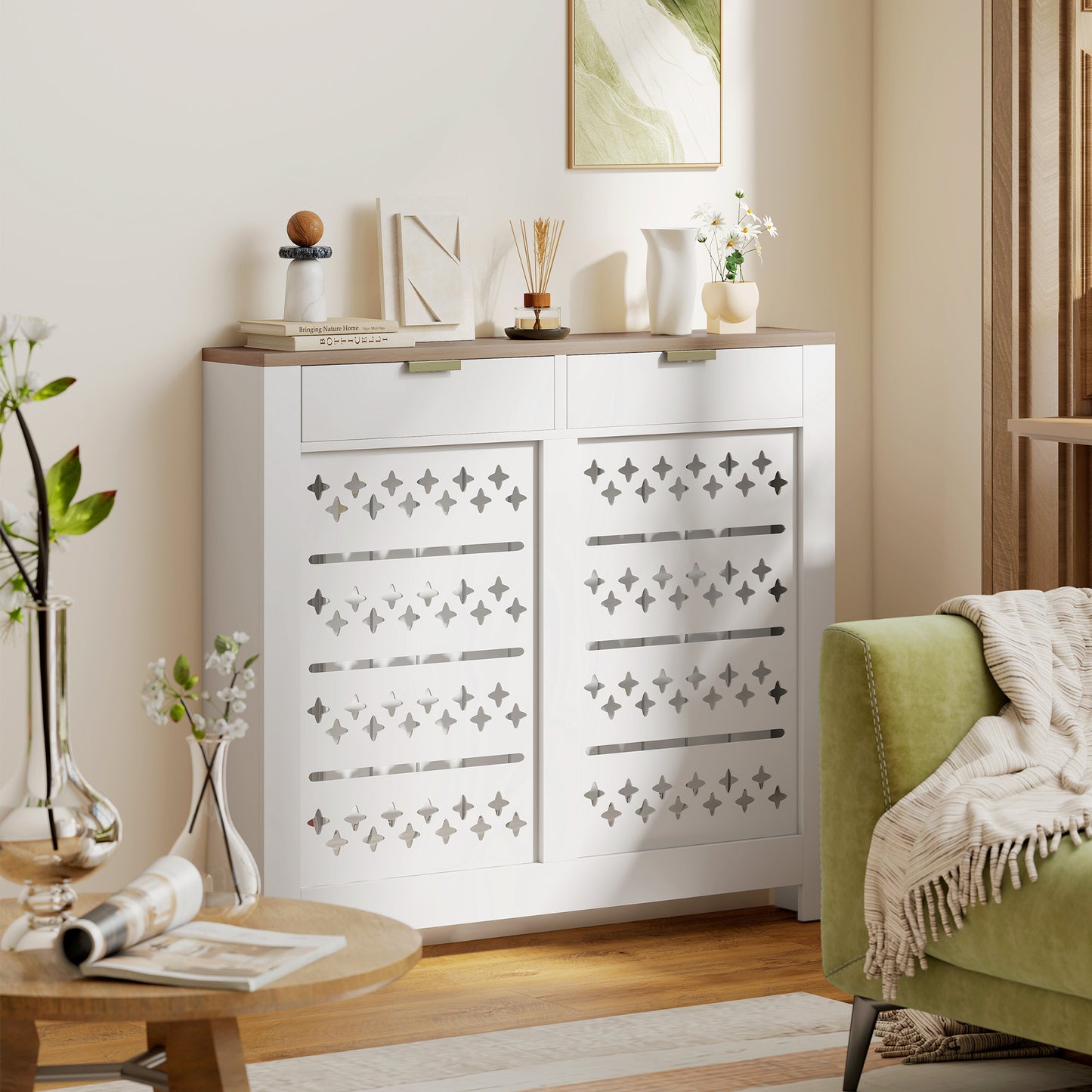 HOMCOM 108 x 19 cm Minimal Radiator Cover, with 2 Drawers - White