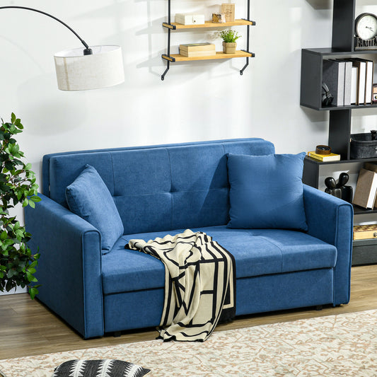 HOMCOM 2 Seater Sofa Bed with Hidden Storage, Pull Out Convertible Bed Settee, Modern Snow Flannel Loveseat Sofa Sleeper with 2 Cushions for Living Room, Guest Room, Deep Blue