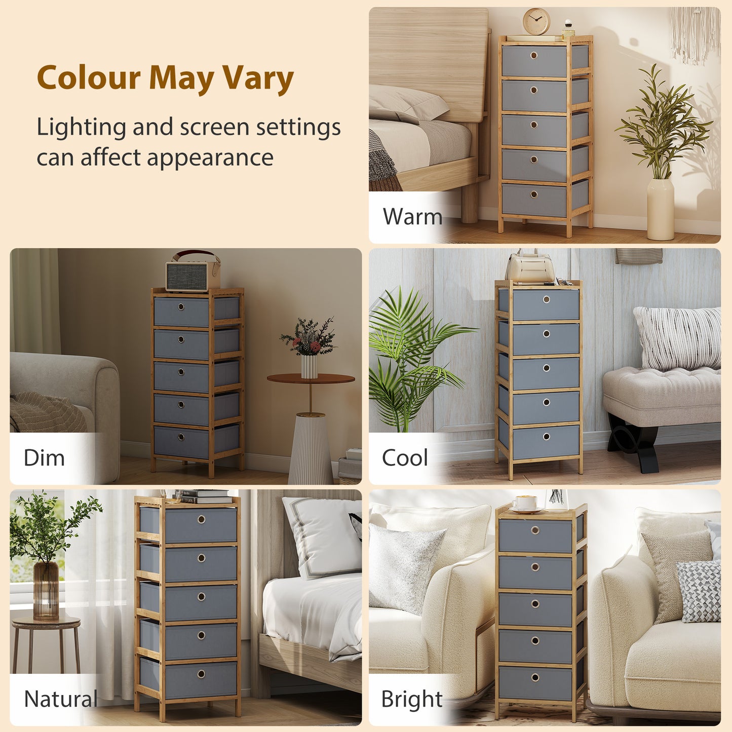 HOMCOM Chest of Drawers, 5 Fabric Drawers Narrow Dresser with Bamboo Frame, Light Grey