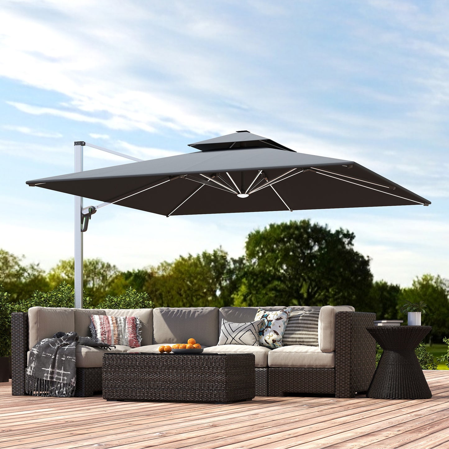 Outsunny 3(m) Garden Cantilever Parasol with Solar LED Lights, Cross Base, 360° Rotation, Crank Handle and Tilt, Grey
