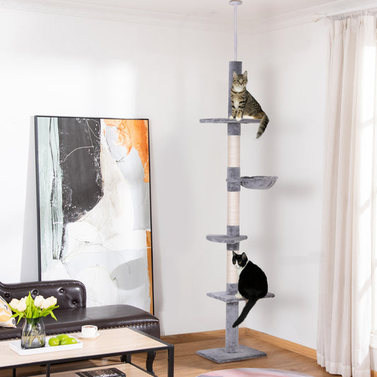PawHut Floor to Ceiling Cat Tree 230-260cm Height Adjustable, 5-Tier Cat Tower with Scratching Posts, Hammock, Perches, Climbing Activity Centre for Indoor Kittens Playing and Relaxing, Grey