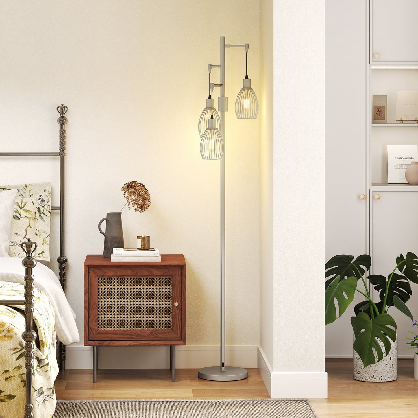 HOMCOM 170.5cm Industrial Dimmable Standing Lamp, 3-Light Floor Lamp with Steel Wire Cage Lampshades, Silver Tone