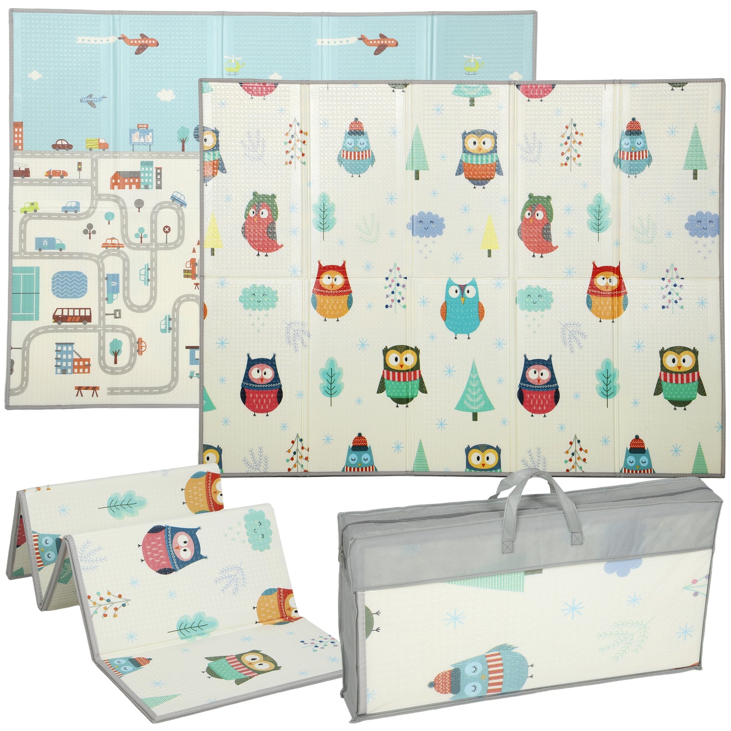 AIYAPLAY Foldable Baby Plat Mat Double Sided, Kids Floor Mat for Crawling, 200L x 150W cm, Car track and Owl Theme-Play Mats-ChewyGames-ChewyGames