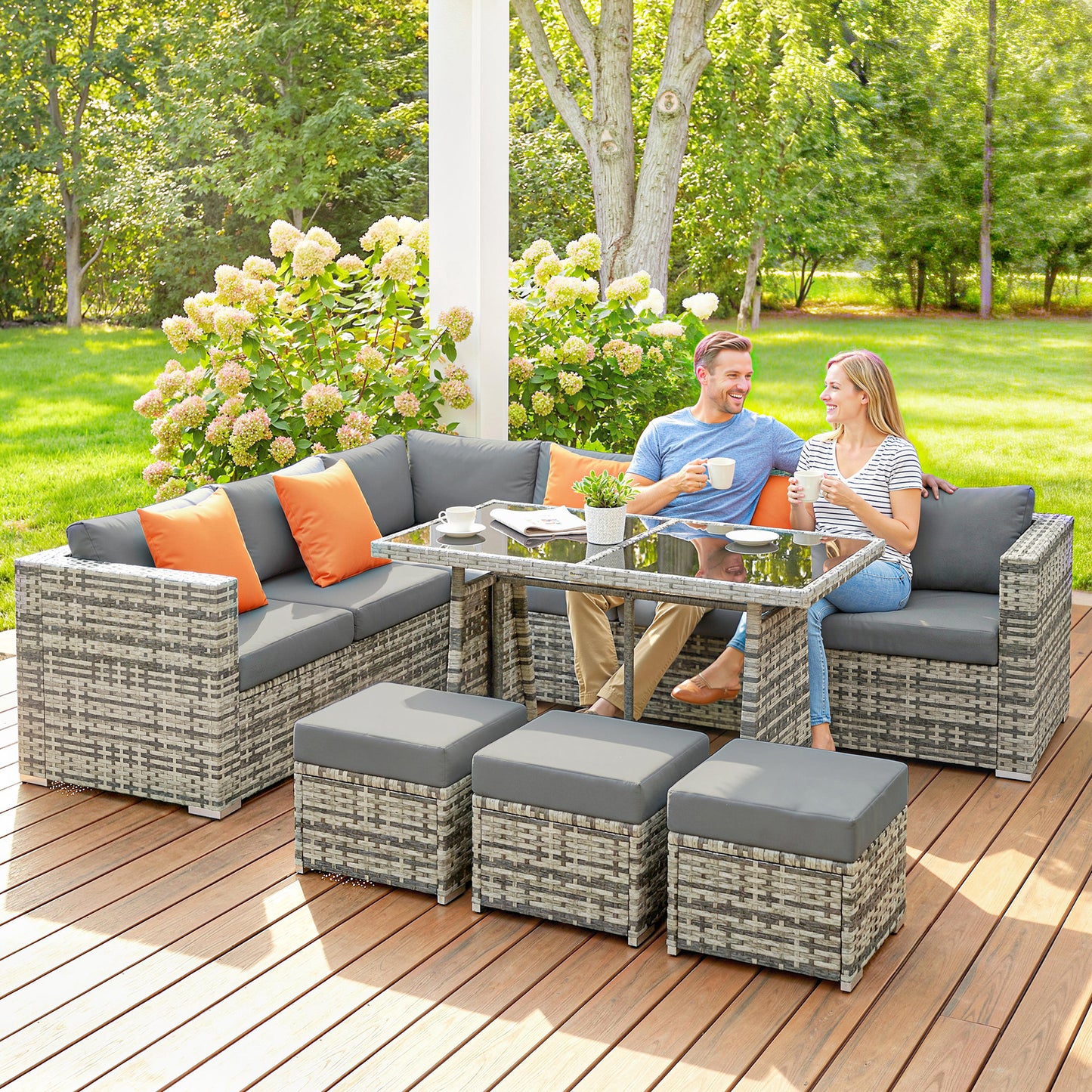 Outsunny 10 Piece Rattan Garden Furniture Set, 3 Corner Sofas with 3 Chairs, 3 Stools and Coffee Table, Outdoor Patio Furniture