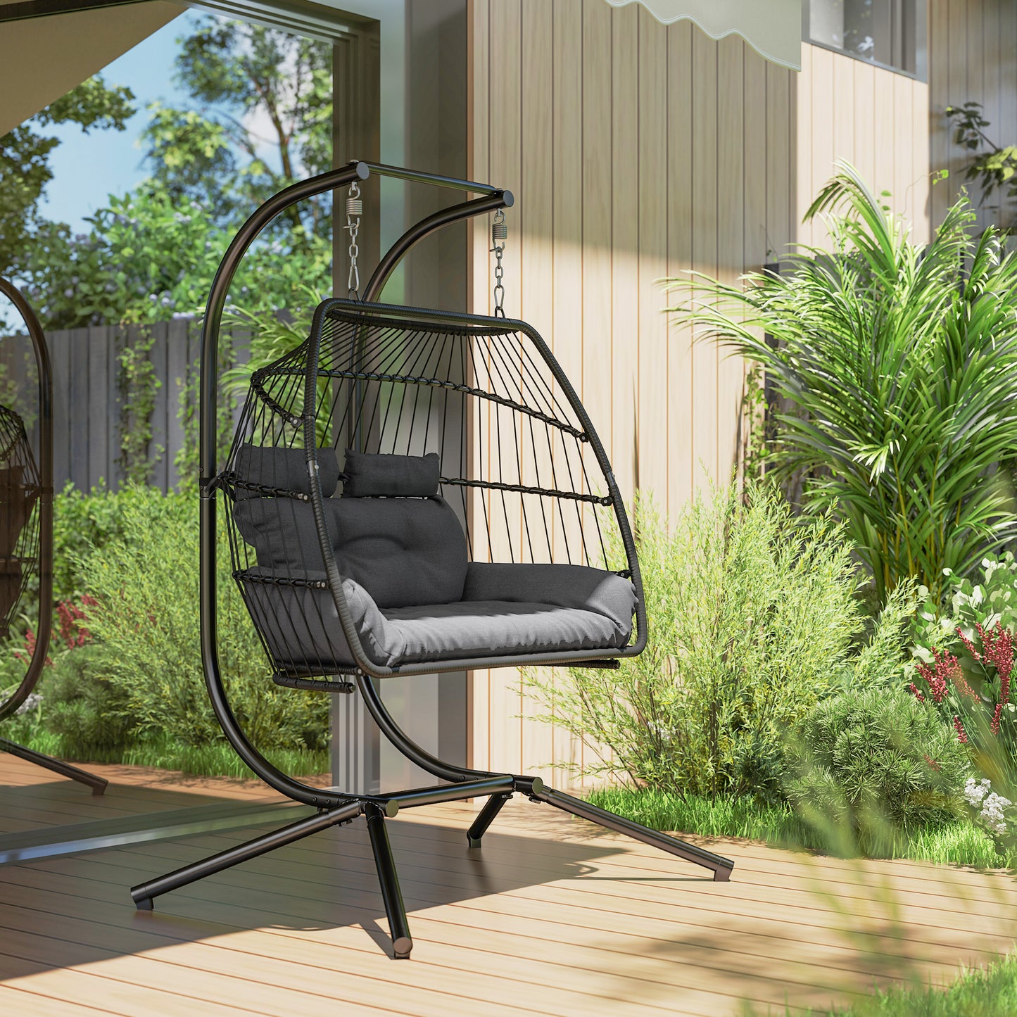 Outsunny Rattan Double Hanging Egg Chair with Stand, Foldable Wicker Swing Egg Chair with Cushion, Head Pillows, Steel Frame, Hammock Chair for Indoor Outdoor, Capacity 260 kg, Dark Grey