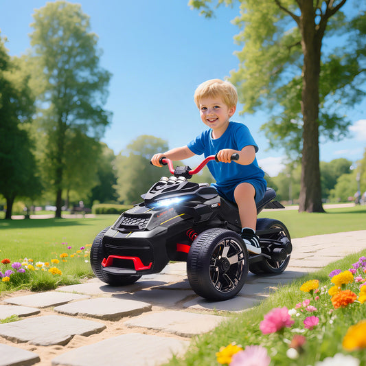 AIYAPLAY 12V Kids Electric Ride On Car with 3 Wheeler, MP3 Player, Horn, 2 Speeds, LED Lights for Boys & Girls Ages 3-8, Black