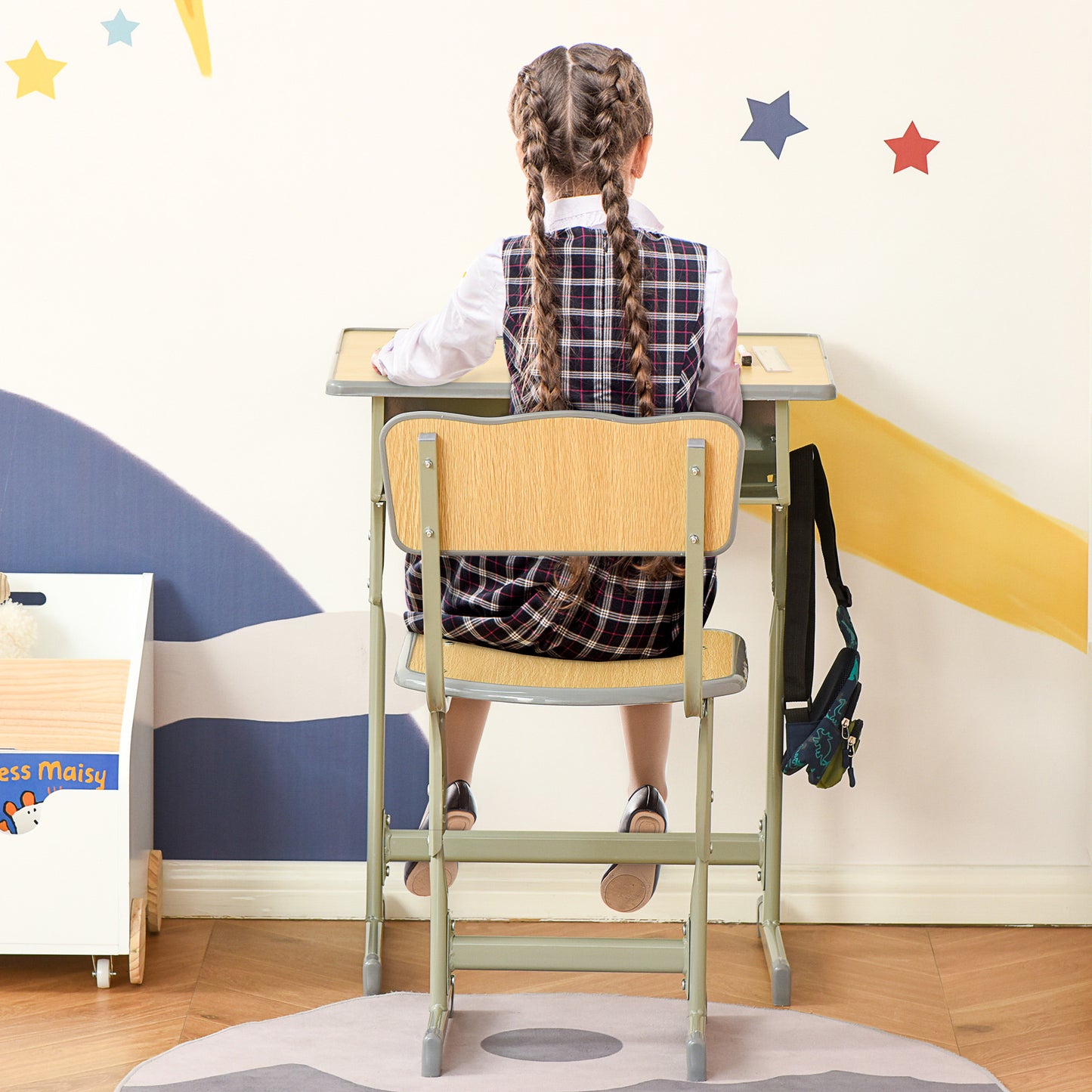 HOMCOM Height Adjustable Kids Desk and Chair Set with Storage Compartment, Bag Hook and Pen Holder, for 6-12 Years, Grey