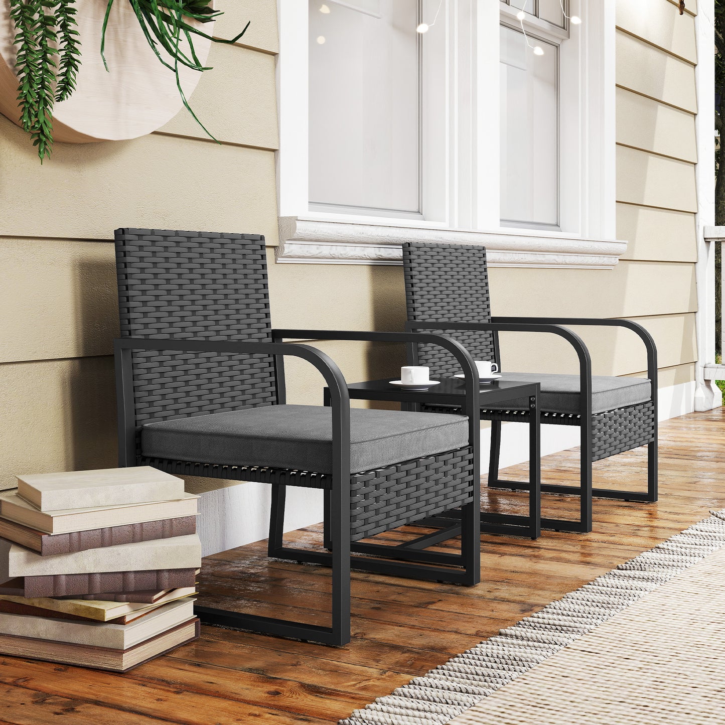 Outsunny Rattan Bistro Set, 3 Piece Garden Furniture Set with Cushions and Glass Top Table, Black