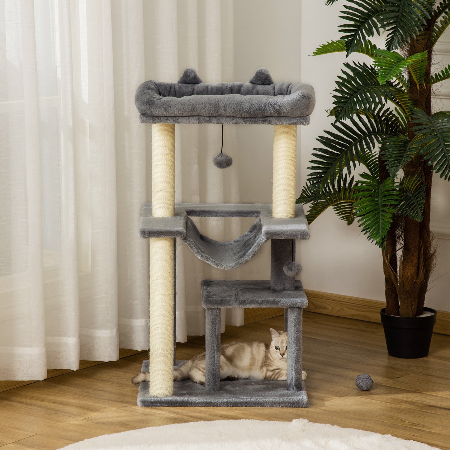 PawHut Cat Tree, 90cm Cat Tower with Sisal Scratching Posts, Cat Condo, Hammock, Top Perch and 2 Hanging Toys for Cats, Grey