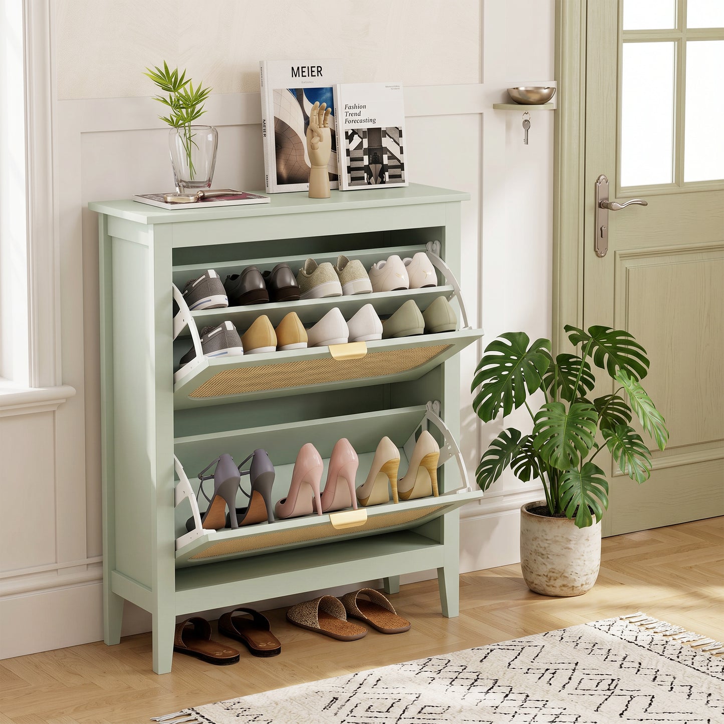 HOMCOM Narrow Shoe Cabinet, Boho Slim Shoe Storage Cabinet with 2 Flip Drawers, Holds 14 Pairs, Light Green