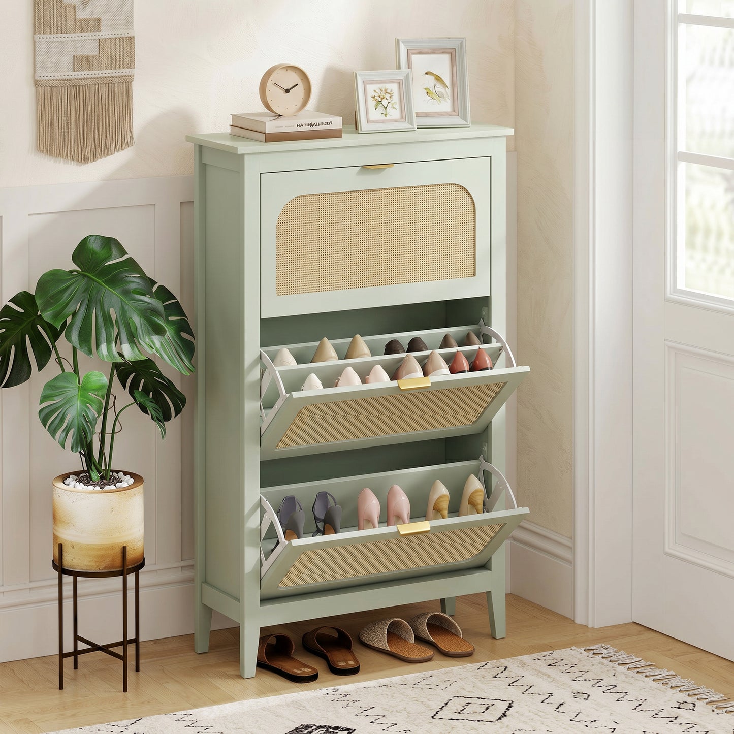 HOMCOM Narrow Shoe Cabinet, Boho Slim Shoe Storage Cabinet with 3 Flip Drawers, Holds 21 Pairs, Light Green