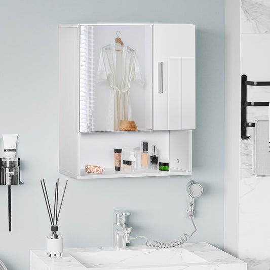 kleankin Bathroom Mirror Cabinet, Wall Mounted Storage Cupboard Organizer with Double Doors and Adjustable Shelf, White