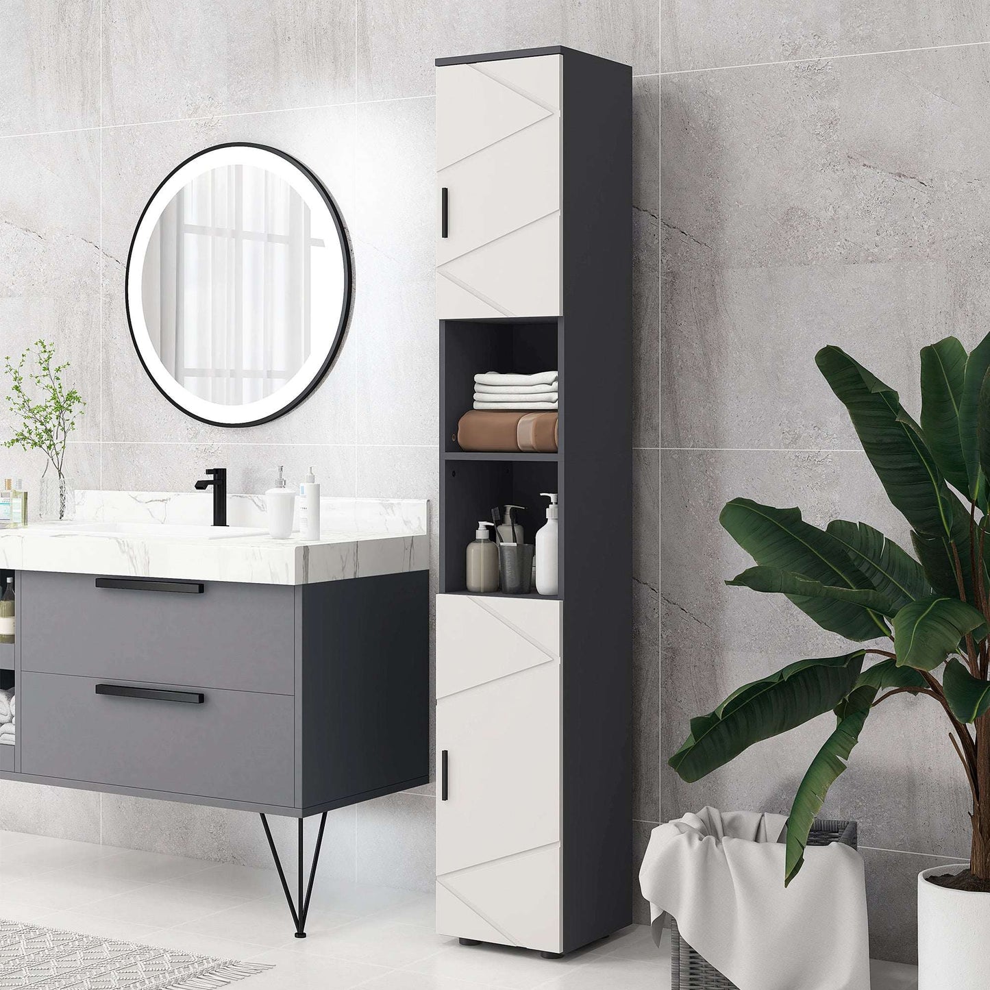 kleankin Line Embossed Tall Bathroom Storage Cabinet with Three-position Adjustable Shelves for Minimalist Style - Grey
