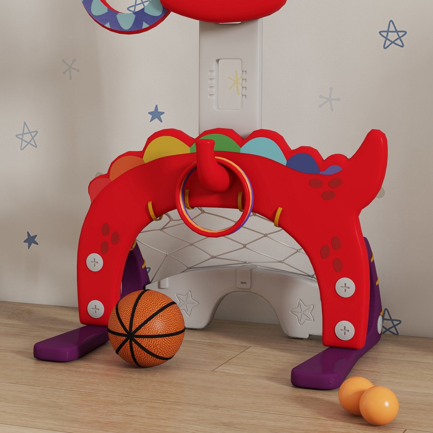 AIYAPLAY 5-in-1 Dinosaur Basketball Set with Adjustable Basketball Stand and Golf Game, Indoor for Boys Girls, Red