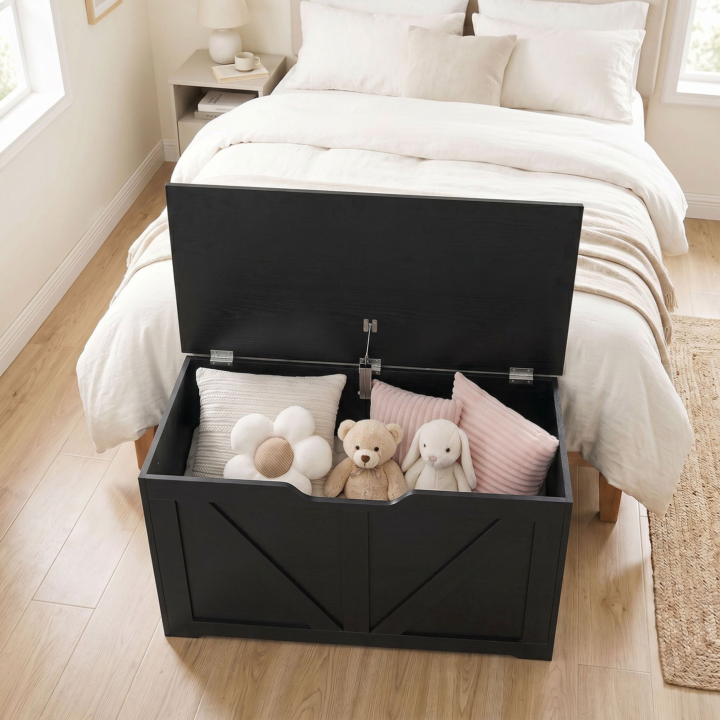 HOMCOM 100L Home Storage Box, with Safety Hinge - Black Wood-Effect