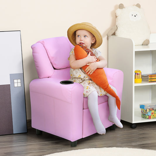HOMCOM Kids Recliner Chair, PU Leather with Adjustable Backrest, Footrest, Padded Headrest, Pink