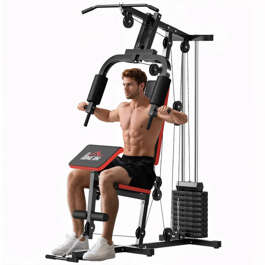 HOMCOM Multigym Station, with 66KG Weight Stack, for Strength Training Red Black