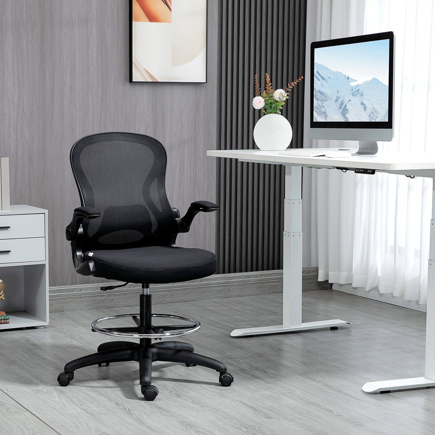 Vinsetto Adjustable Mesh Standing Desk Chair with Flip-up Armrests Lumbar Support Armrests Adjustable Footrest Ring Black