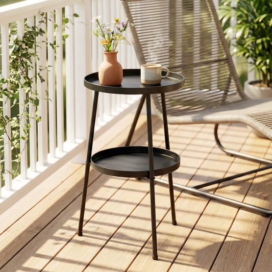 Outsunny Patio Side Table, 2-Tier Round Coffee End Table for Garden Balcony Living Room Bedroom, Black