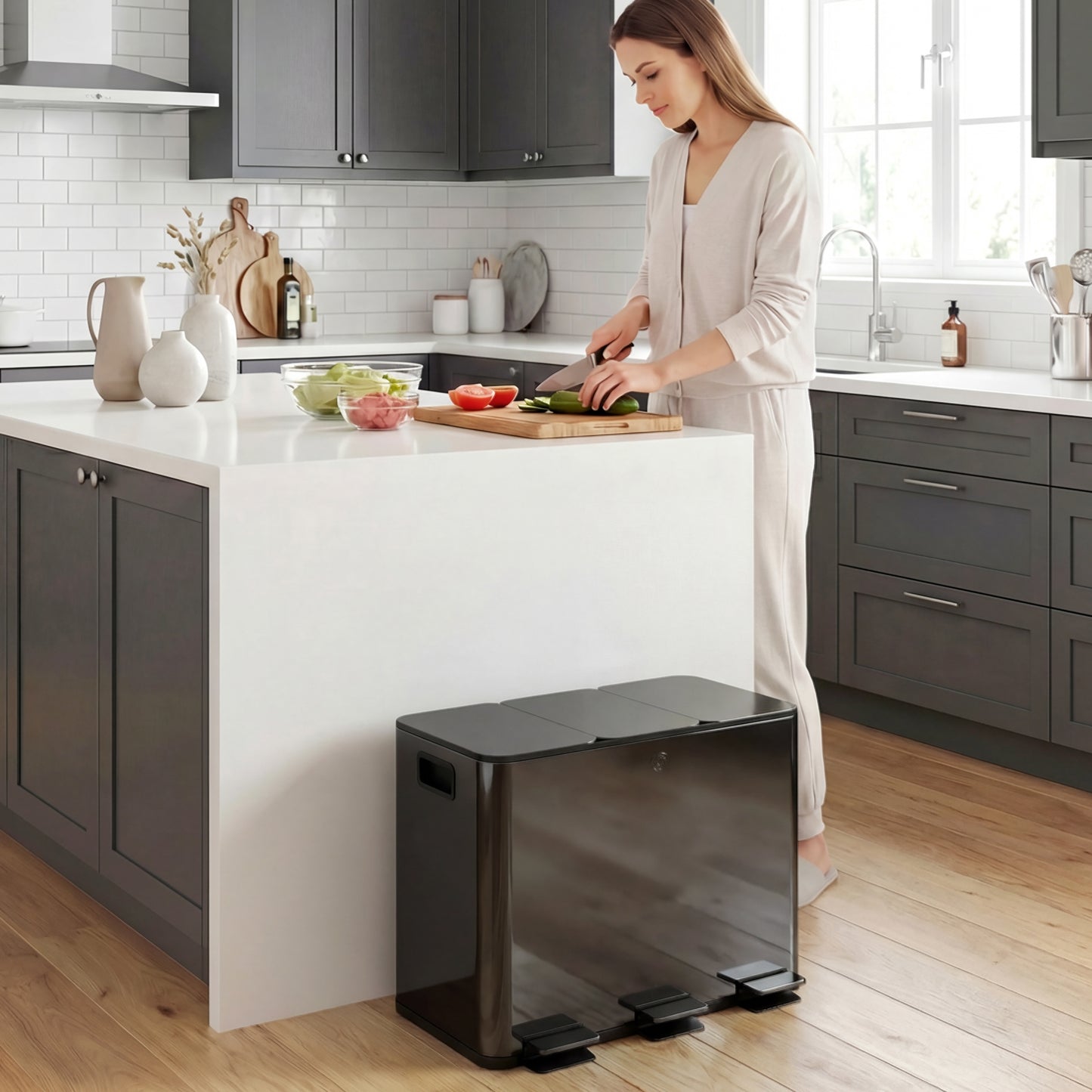 HOMCOM 3 x 15L Pedal Bin, Steel Triple Kitchen Bin with Soft Close Lid, Removable Inner Buckets, Fingerprint-Proof, Black