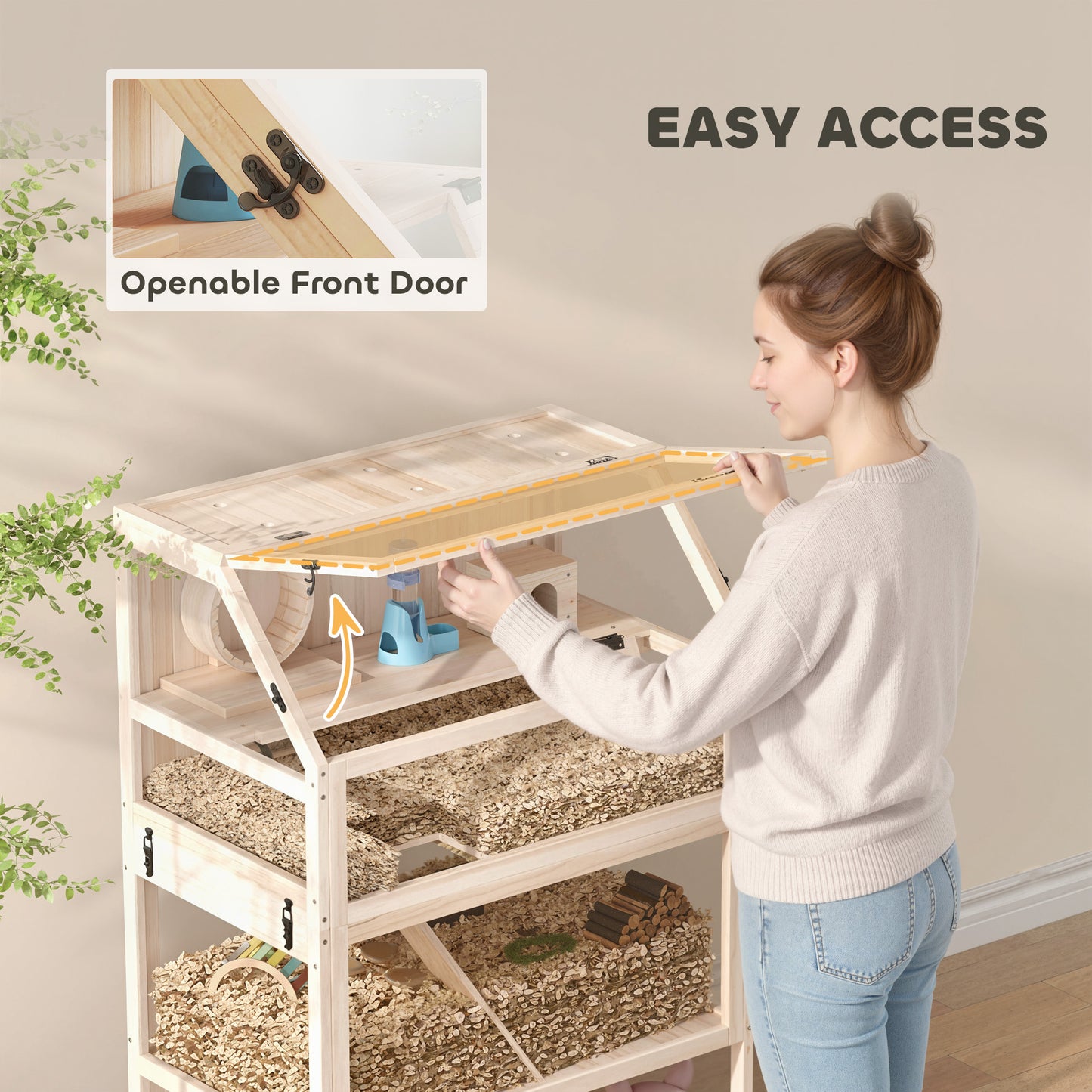 PawHut Wooden Hamster Cage with Detachable Lower Floor, Storage Shelf, Hut, Seesaw, Exercise Wheel, Ramps for Hamster