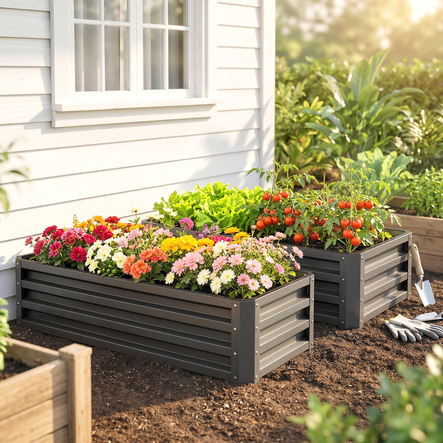 Outsunny Set of Two 110 x 50cm Steel Planter Boxes - Dark Grey