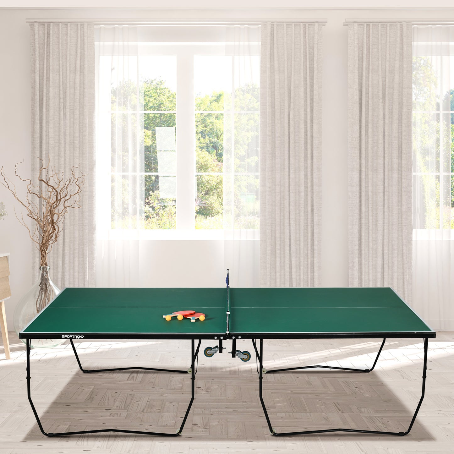 SPORTNOW 9FT Folding Tennis Table, with 8 Wheels, for Indoor Use, Green