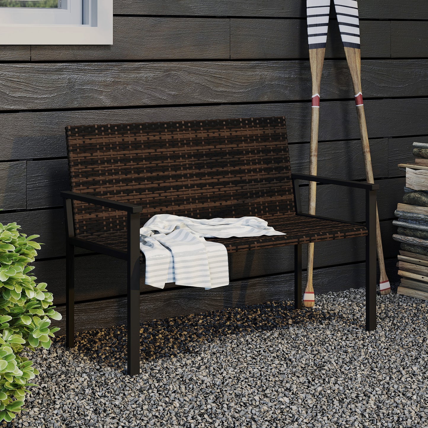 Outsunny 2 Seater Rattan Garden Bench, Outdoor Bench with Quick-Drying Cotton Padding, Wicker Garden Loveseat with Armrests, Steel Frame for Patio, Park, Mixed Brown