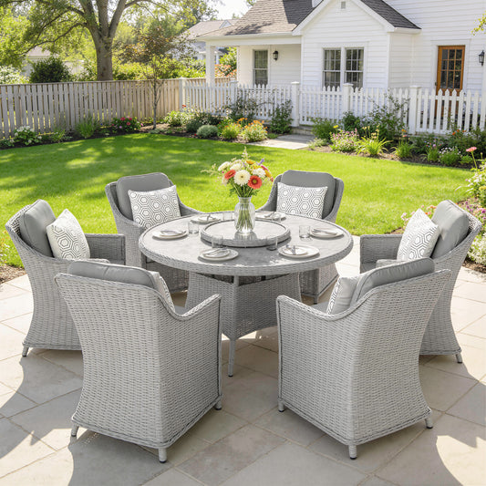 Outsunny Rattan Dining Set with Turntable, Marble Effect Glass Table and 6 Armchairs, Aluminium Frame, Grey