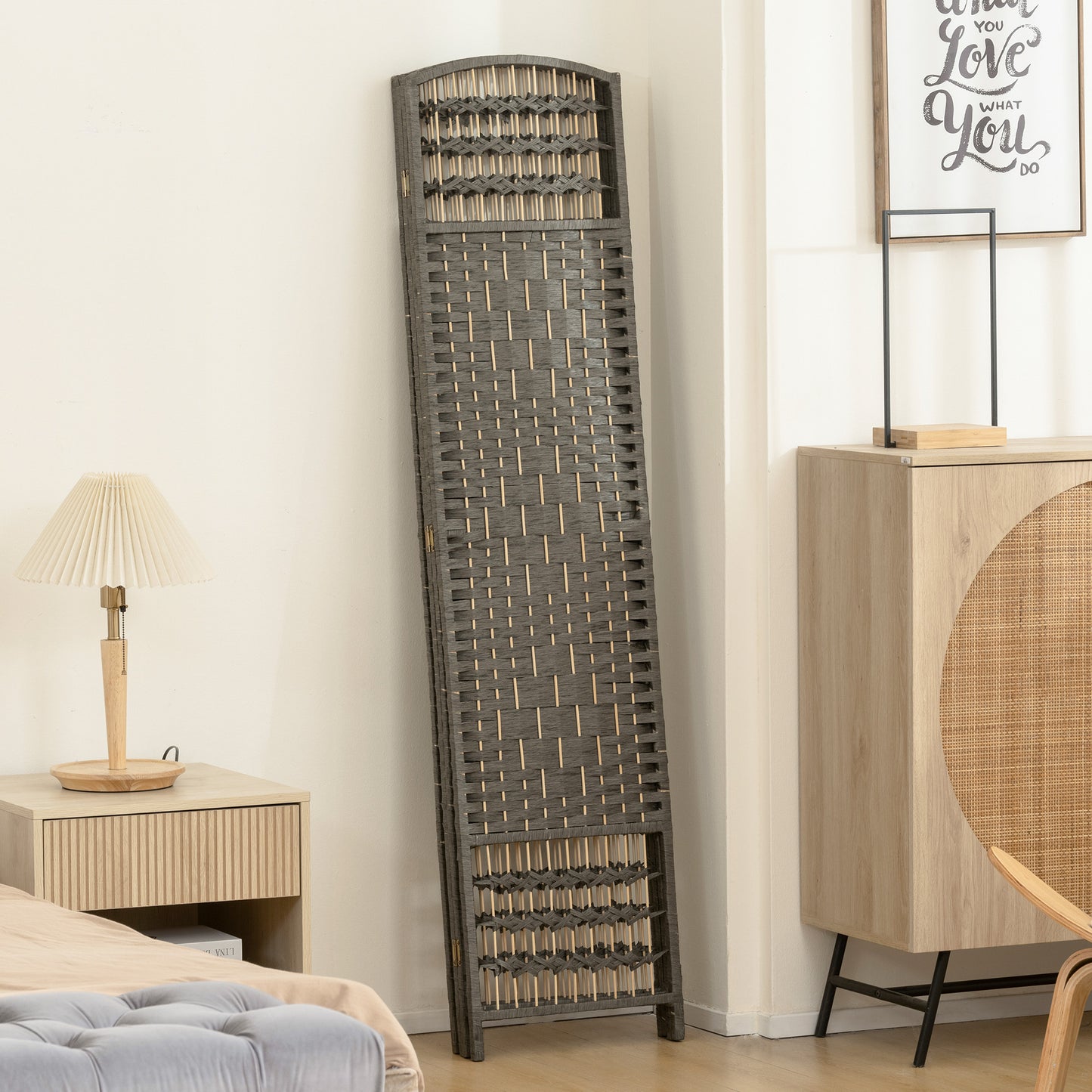 HOMCOM 4 Panel Folding Privacy Screen, Room Divider with Pine Wood Frame for Living Room and Office, Dark Grey