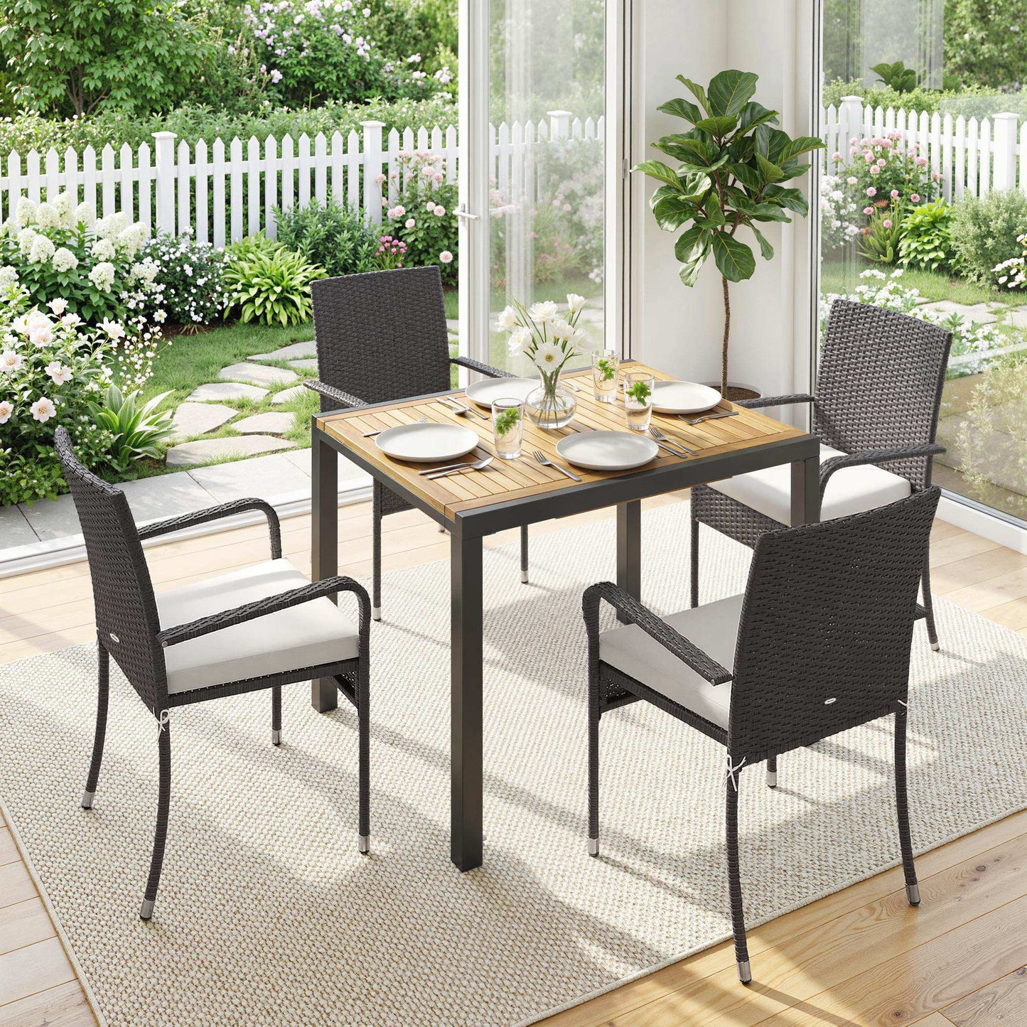 Outsunny 7 Piece Rattan Garden Furniture Set, 6 Seater Garden Table and 6 Stackable Chairs with Extendable Acacia Wood Tabletop