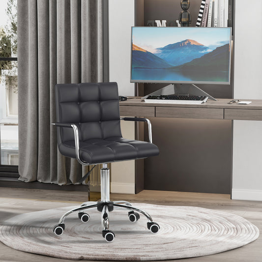 Vinsetto Makeup Vanity Chair, PU Leather Mid Back Office Chair with Adjustable Height, Armrest and Rolling Wheels, Black