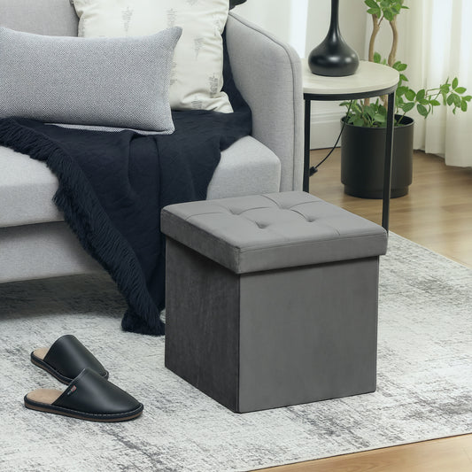 HOMCOM Foldable Velvet-Feel Storage Ottoman - Grey--ChewyGames-ChewyGames