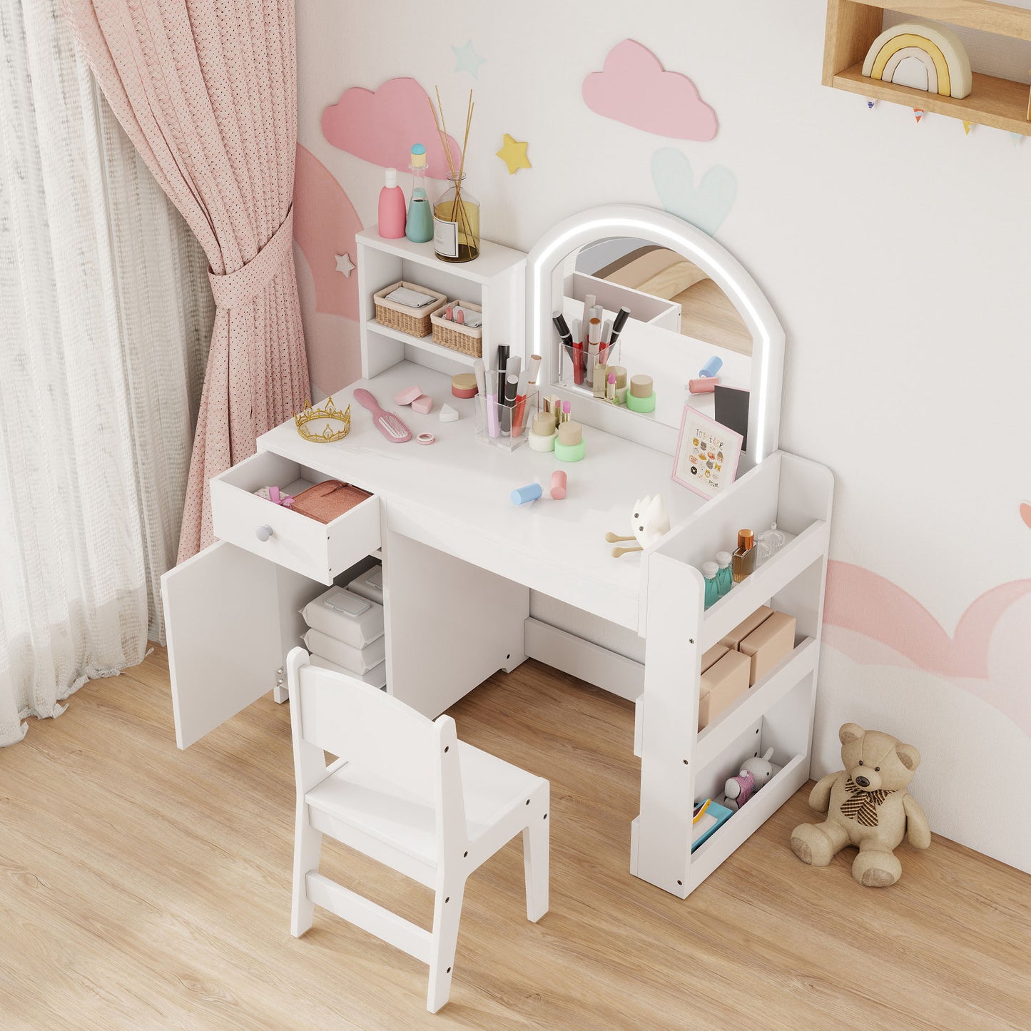 AIYAPLAY Kids Vanity Table and Chair Set, Girls Dressing Table with 2-Colour LED Mirror, Stool, Cabinet, Drawer, Shelves, White