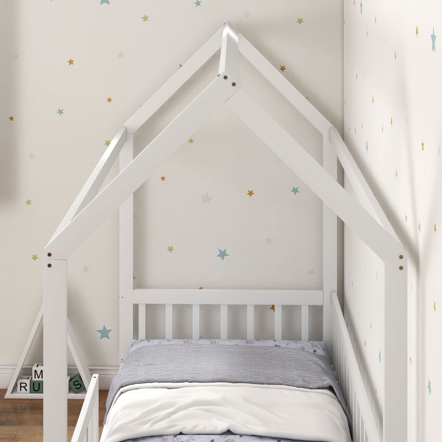 HOMCOM House-Shaped Kids Bed Frame with Guard Rails, Solid Pine Wood Single Bed Frame for Kids Boys and Girls