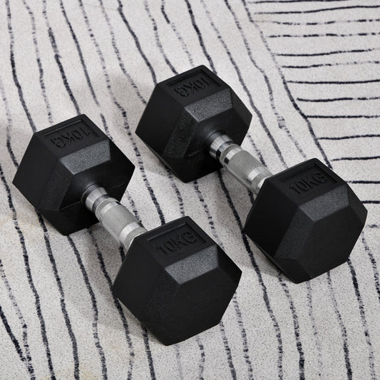 HOMCOM 2x10kg Hex Dumbbells Set Rubber Dumbbells Weight Lifting Equipment Fitnes