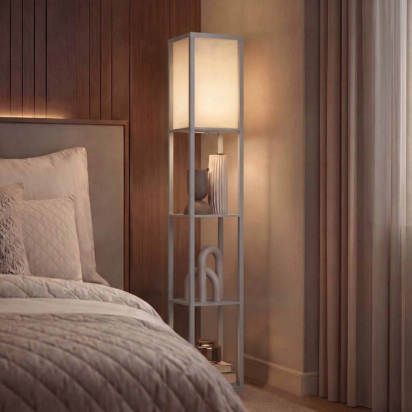 HOMCOM 3-Tier Floor Lamp with Shelves and Storage, Modern Corner Standing Lamp with Lampshade, Reading Light with Foot Switch for Living Room, Bedroom, Home Office, Bulb not Included, Grey
