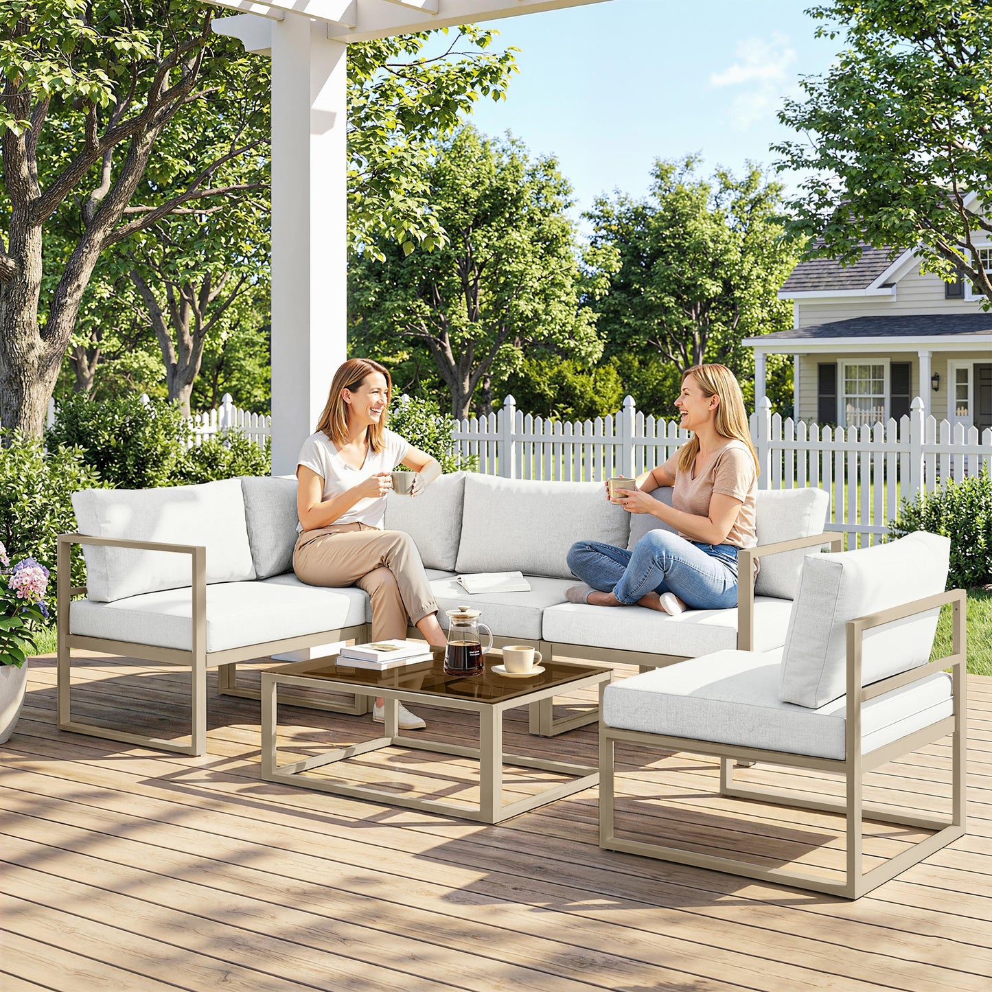 Outsunny 5 Seater Aluminium Garden Furniture Set, Garden Sofa Set with Thick Cushions for Patio and Balcony, Outdoor, White