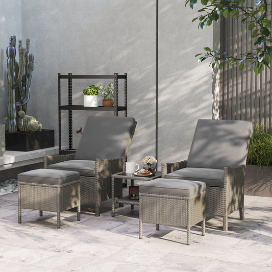 Outsunny 5 Piece Rattan Garden Furniture Set, Wicker Patio Sofa Set with 2 Armchairs, 2 Footstools, Glass Top Coffee Table with Shelf, Outdoor Furniture with Adjustable Backrests, Cushions, Dark Grey