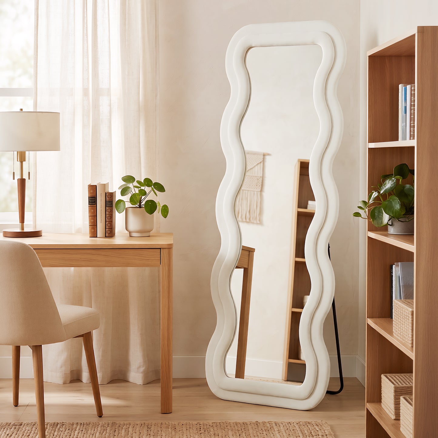 HOMCOM Full Length Mirror, 160 x 60 cm Wavy Full Body Wall Standing Mirror with Velvet Frame and Tempered Glass, Cream White