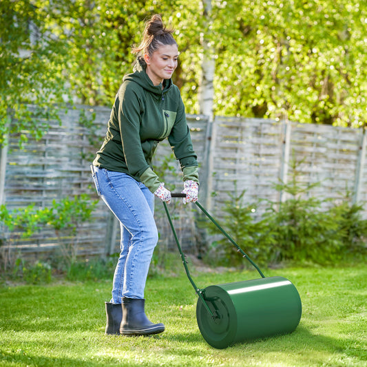 Outsunny 63 L Garden Lawn Roller with Water/Sand Filled Drum, Heavy Duty Steel Lawn Push Rolling Tool for Grass Seeding, Soil Levelling, Dark Green