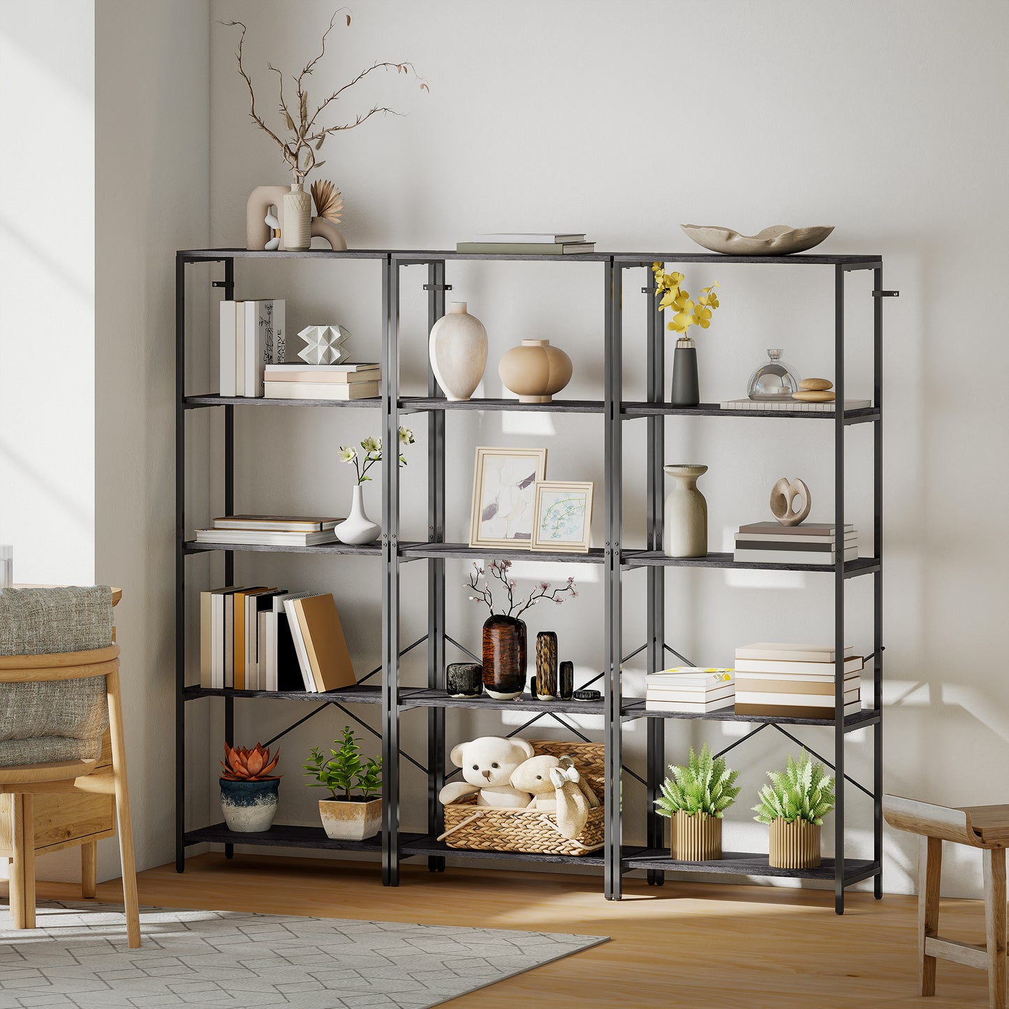 HOMCOM 5-Tier Bookshelf, Industrial Bookcase with Metal Frame - Dark Grey and Black