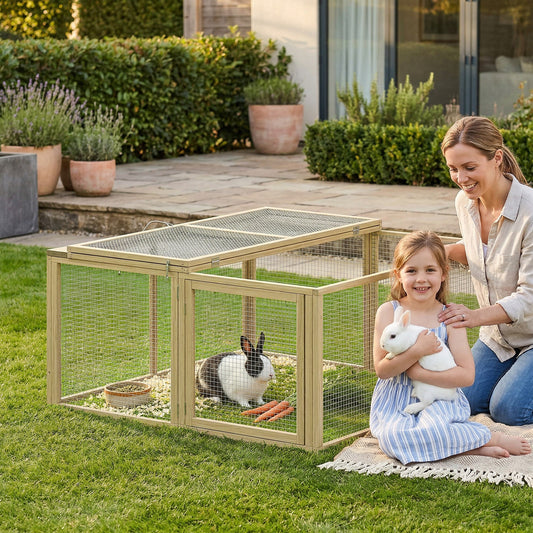 PawHut Wooden Folding Rabbit Hutch, for 2-3 Rabbits - Natural Wood