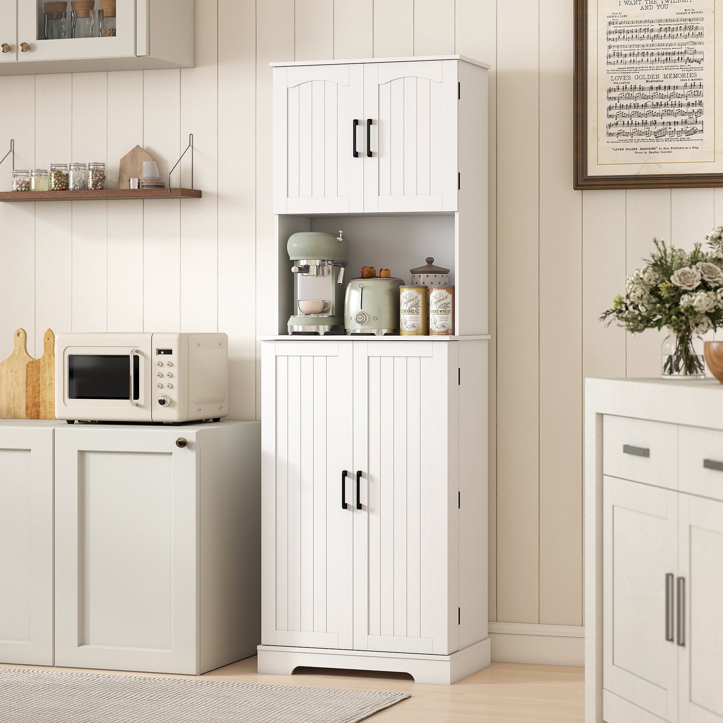 HOMCOM 181.5 cm Freestanding Storage Cabinet, Tall Kitchen Cupboard with Adjustable Shelves, 8 Door Spice Racks, White